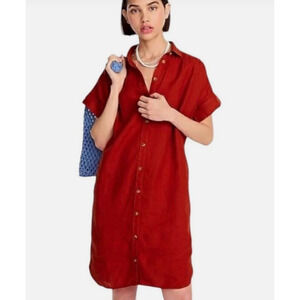 J Crew Relaxed Fit Linen Shirt Dress Red Oversized Pockets Button Front Size L